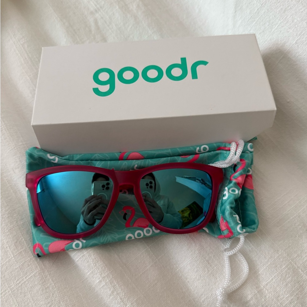 Goodr Sunglasses with Pink Frame and Blue Lenses